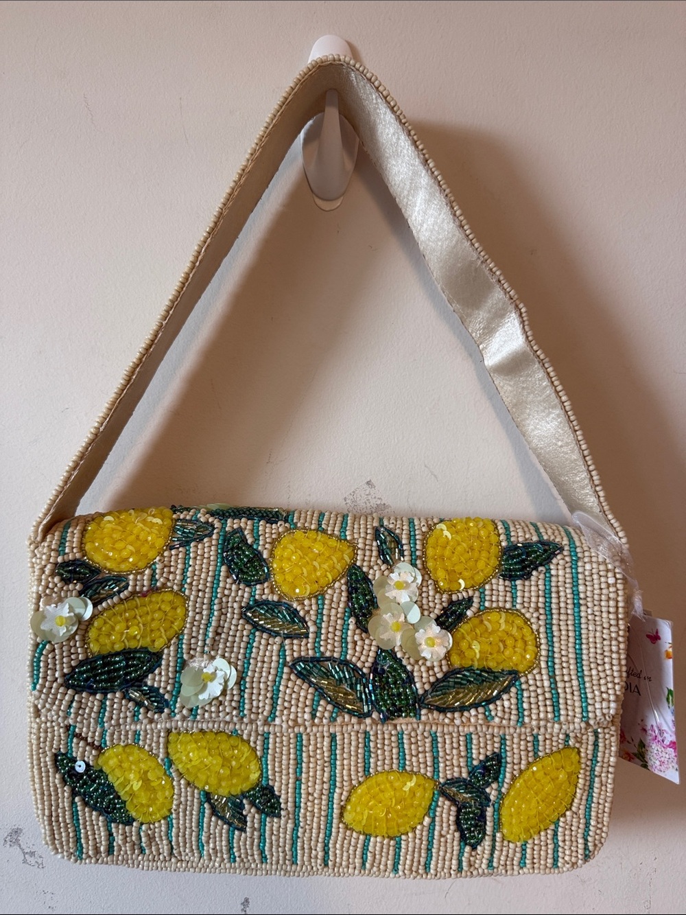 India Beaded Lemon Shoulder Bag in Yellow, Green and Cream